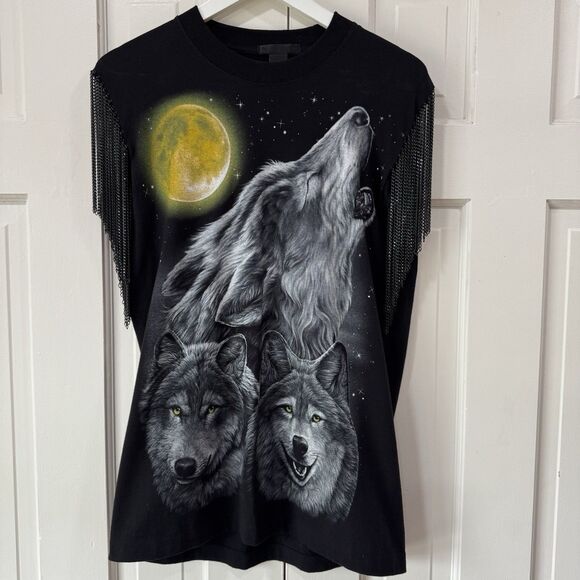 Double Side Wolf Print Black Shirt Fringe Chain Sleeves By Avion En Papier RARE - Picture 2 of 12